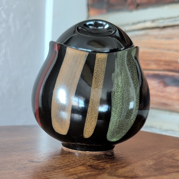 Sango Other - Sango Avanti Flair Black Sugar Bowl Stoneware Vase with Tan Green Stripes
